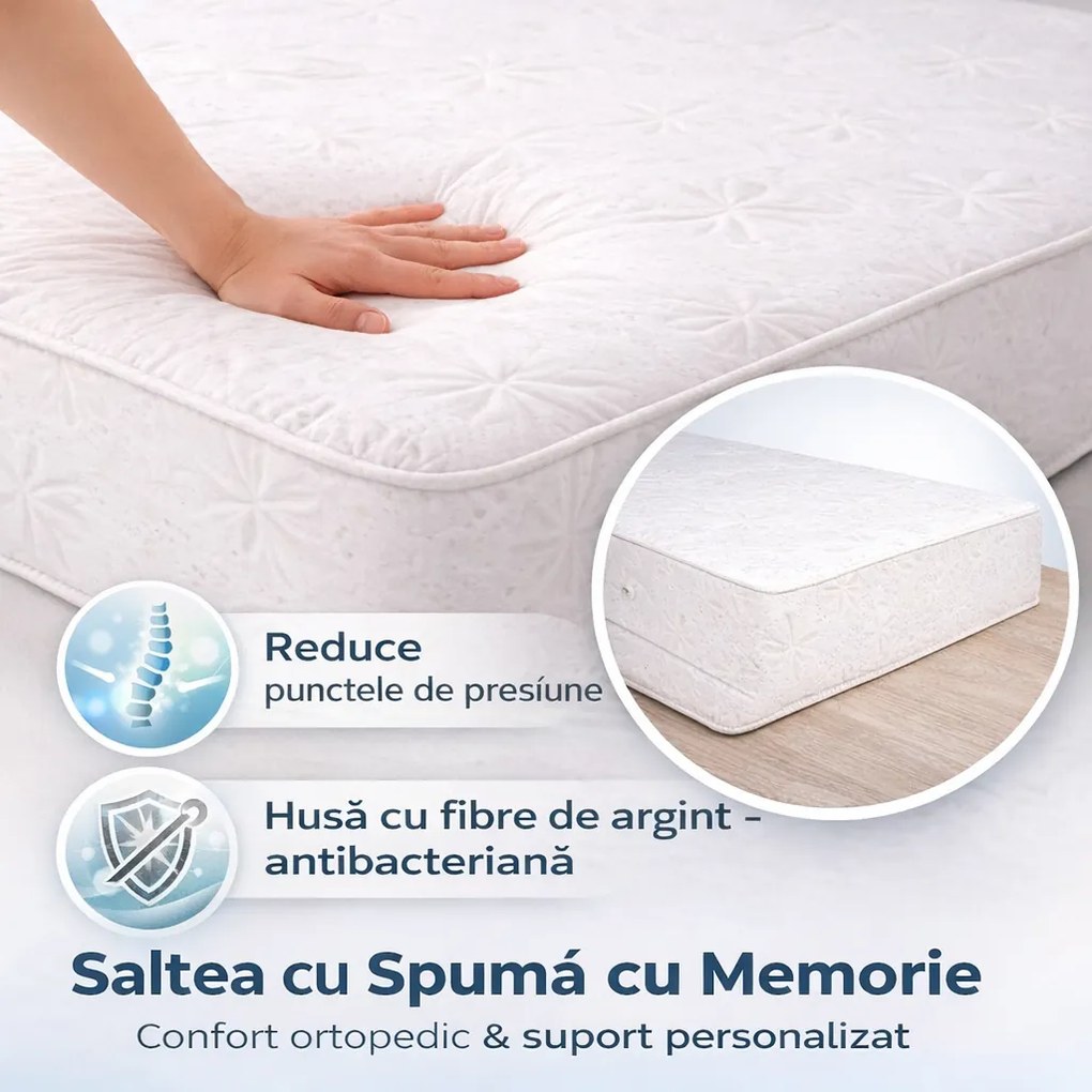 Saltea 140 cm cu Spuma cu Memorie 24 cm, Husa SilverCare Antibacteriana, Suport Ortopedic, Confort Ridicat