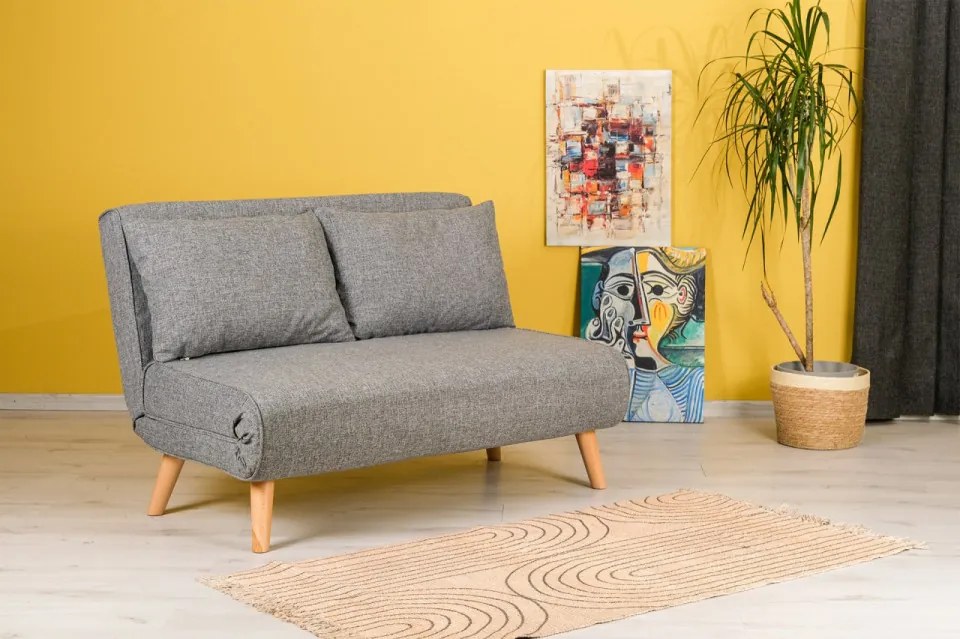 Canapea Extensibila 2 Locuri, Cadru Metalic, Folde, Gri Deschis