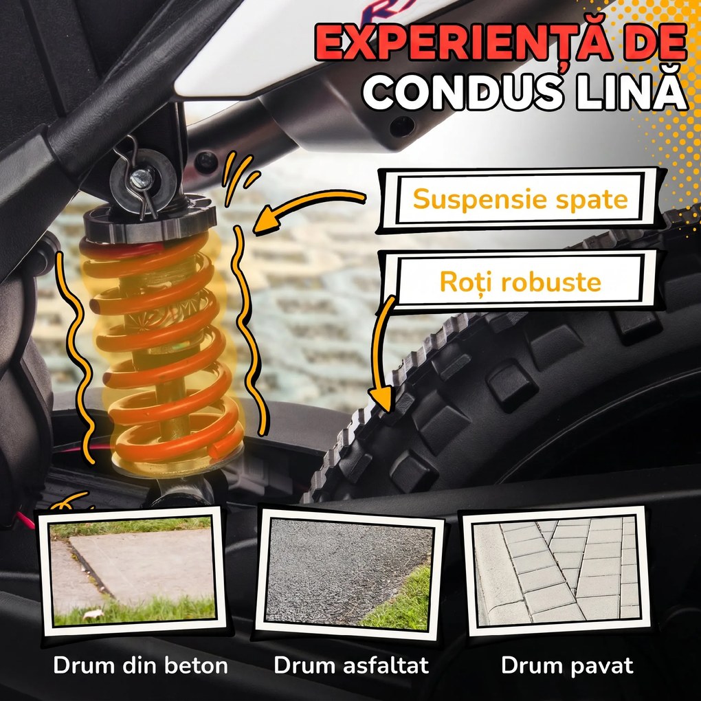 AIYAPLAY Motocicletă electrică pentru copii 12V, 37-96 luni, 2 motoare, roți ajutătoare detașabile, 30 kg, albă | Aosom Romania