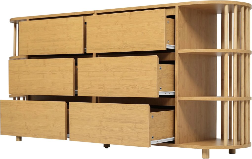 Comodă Sideboard, 6 sertare &amp; rafturi deschise, design în stil roman cu coloane &amp; rafturi din bambus, 160x40x75 cm, Culoare naturală