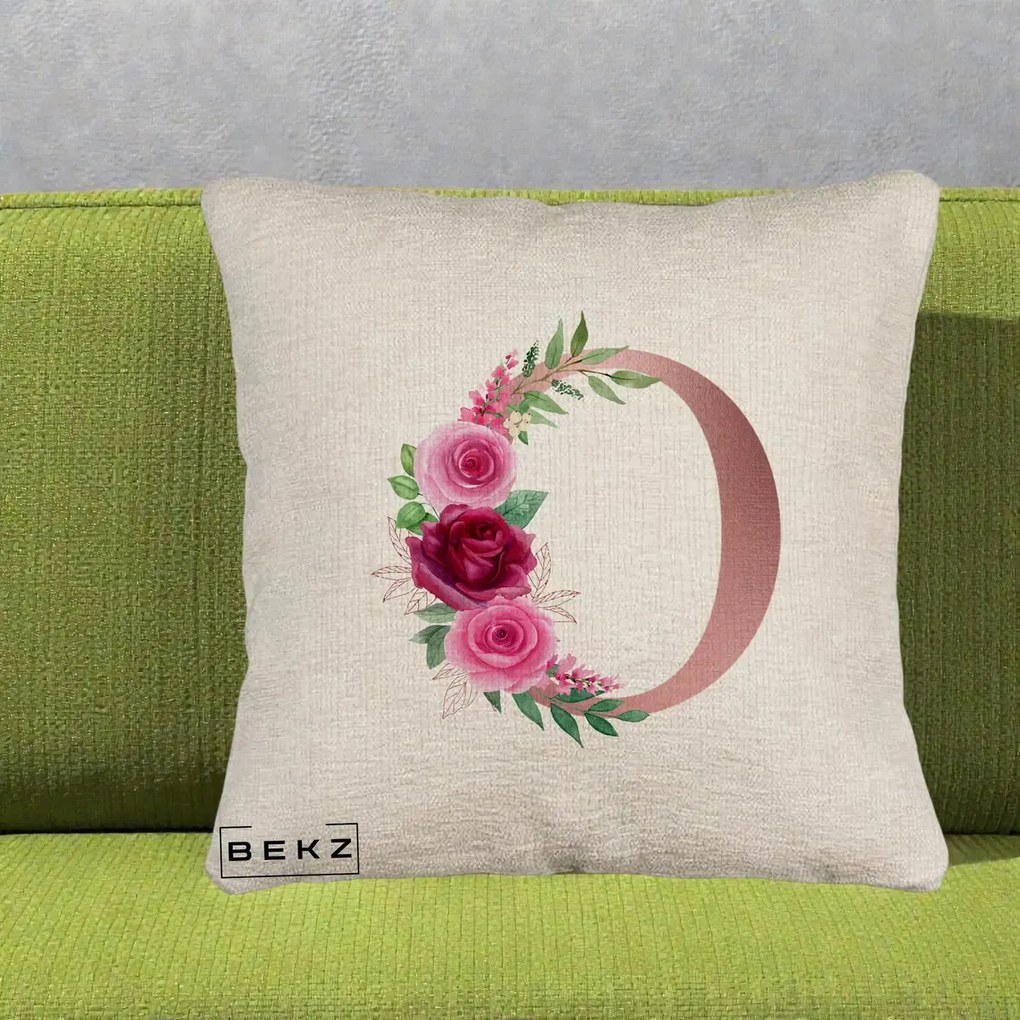 Cadou Personalizat - Perna Personalizata Monograma Rose Gold Litera O, 40x40 cm, Bej Canapea, Husa Detasabila, Perna Inclusa, BEKZ®