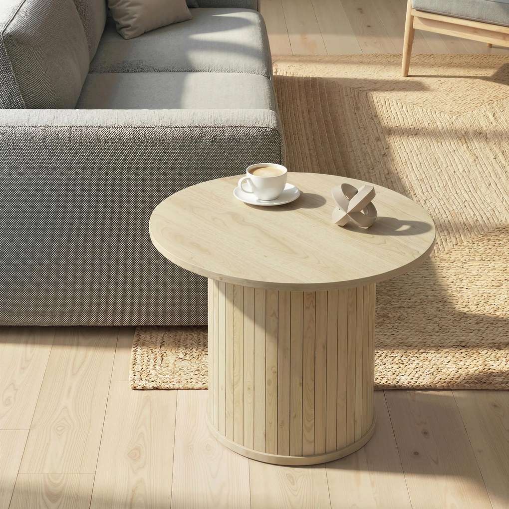 HOMCOM Masă de centru rotundă cu bază pe coloană cu șipci pentru living dormitor Ø60x40 cm natural | Aosom Romania