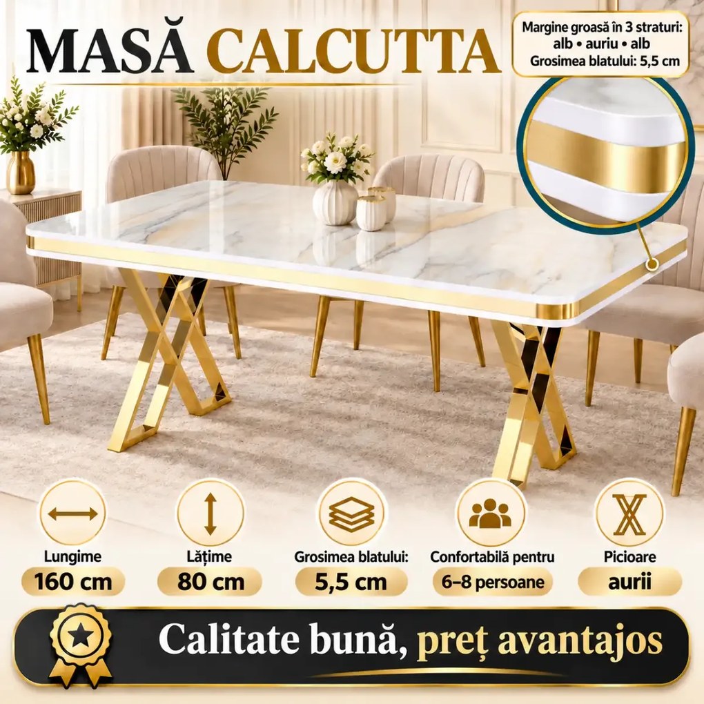 Set masa si 6 scaune colare masa marmorat negru scaune tapitat bej