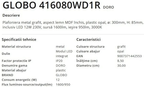 Plafoniera LED cu aspect lemn design slim DORO 30cm, 12W