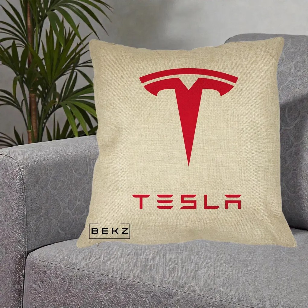 Perna Personalizata cu emblema Tesla, 40x40 cm, Crem, Husa Detasabila, Perna Inclusa, BEKZ®