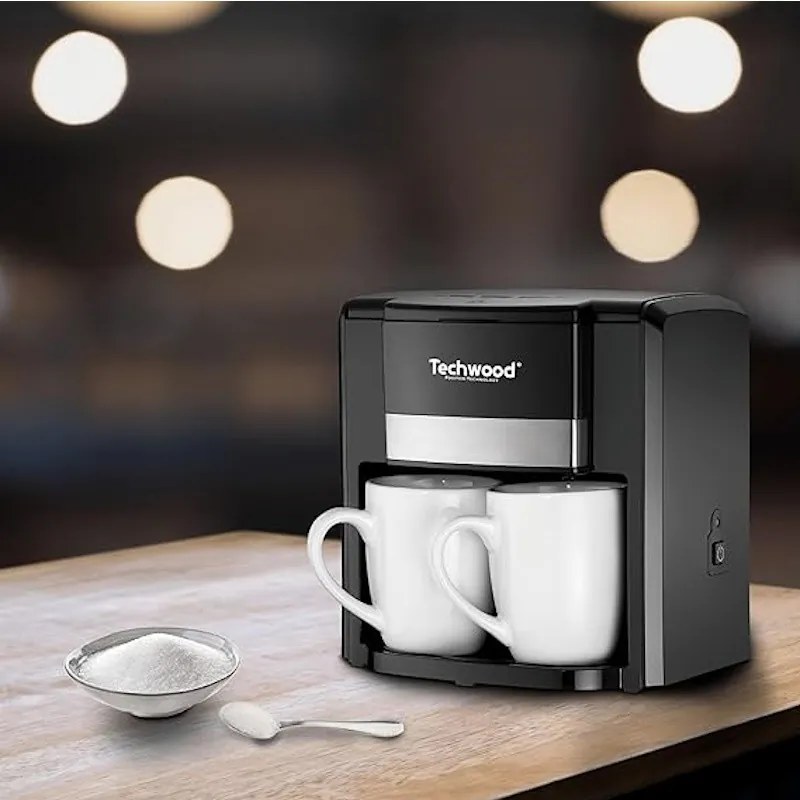 Cafetiera cu 2 cani Techwood TCA-206, 500W, Filtru permanent lavabil, Negru