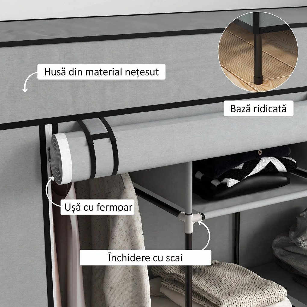 HOMCOM Dulap Portabil din Material Textil și Oțel, Garderobă cu 10 Rafturi, 4 Sertare și 2 Bare, 166x42,5x169,5 cm, Gri | Aosom Romania