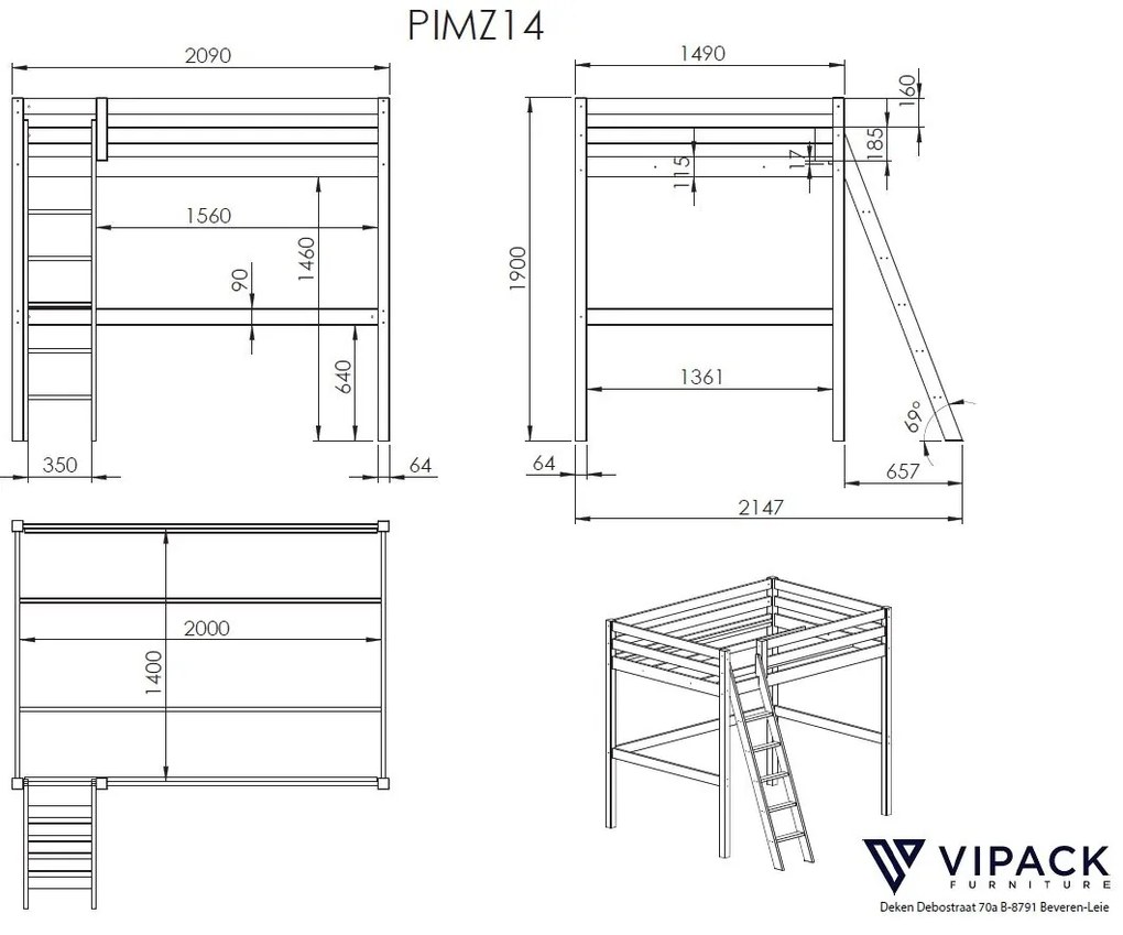 Set pat copii PINO supraetajat gri (140x200cm) și fotoliu canapea extensibil