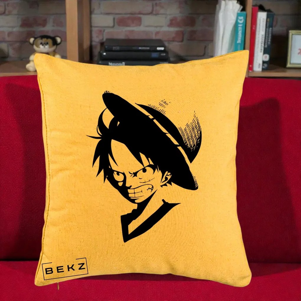 Perna Personalizata One Piece Luffy Silueta Alb-Negru, 40x40 cm, Galben, Husa Detasabila, Perna Inclusa, BEKZ®