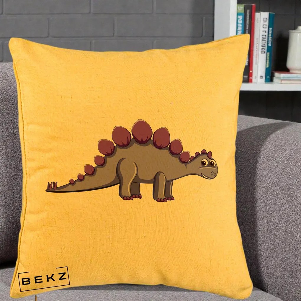 Perna Personalizata Stegozaur Mov, 40x40 cm, Galben, Husa Detasabila, Perna Inclusa, BEKZ®