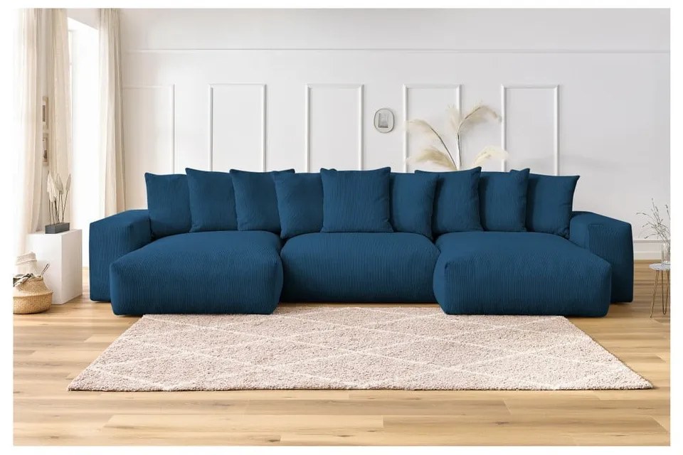 Colțar albastru închis cu tapițerie din catifea reiată Voltaire – Bobochic Paris