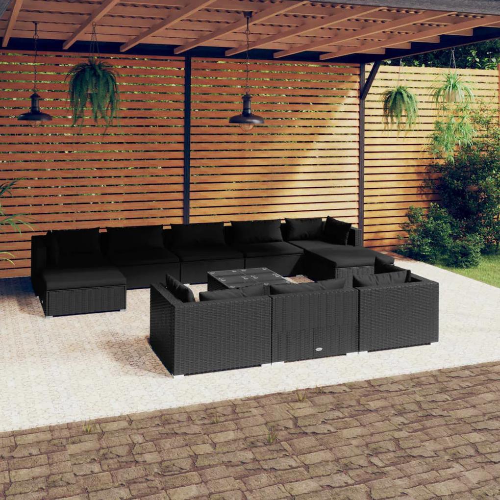 3102048 vidaXL Set mobilier de grădină cu perne, 11 piese, negru, poliratan