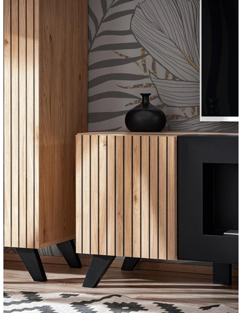 Mobilier living Lyran (hikora jackson + negru (cu iluminat LED) (cu bioșemineu). 1097693