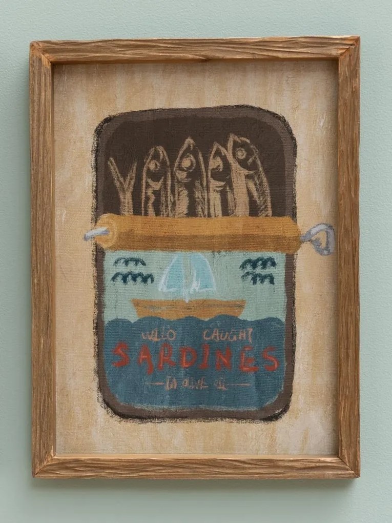 Set 2 tablouri vintage cu sardine din lemn și sticlă, natur, cu ilustrații imprimate pe hârtie, 40x30x2 cm, „Sardine"