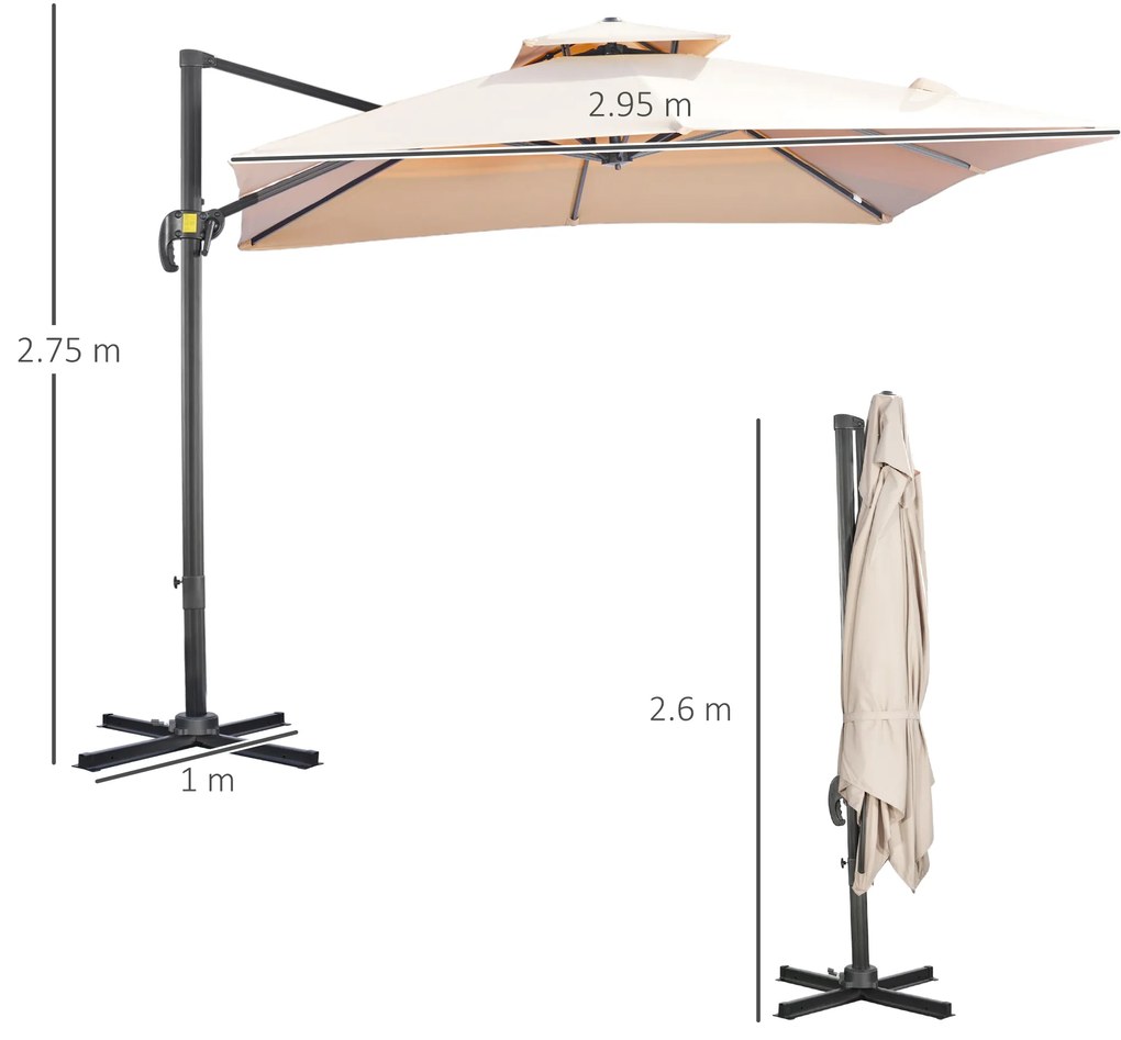 Outsunny Umbrela de Soare pentru Gradina 295x295cm Pivotanta la 360° cu Manivela, Umbrela de Soare cu brat cu Inclinare Reglabila, Kaki si Negru | Aosom Romania