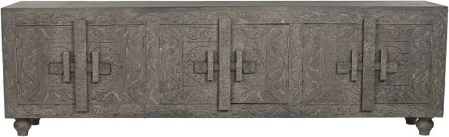 Comodă TV sculptată lungă din lemn masiv, gri, cu 6 uși, 3 rafturi și zăvoare din lemn, finisaj patinat, 61 x 200 x 40 cm, „Arvane”
