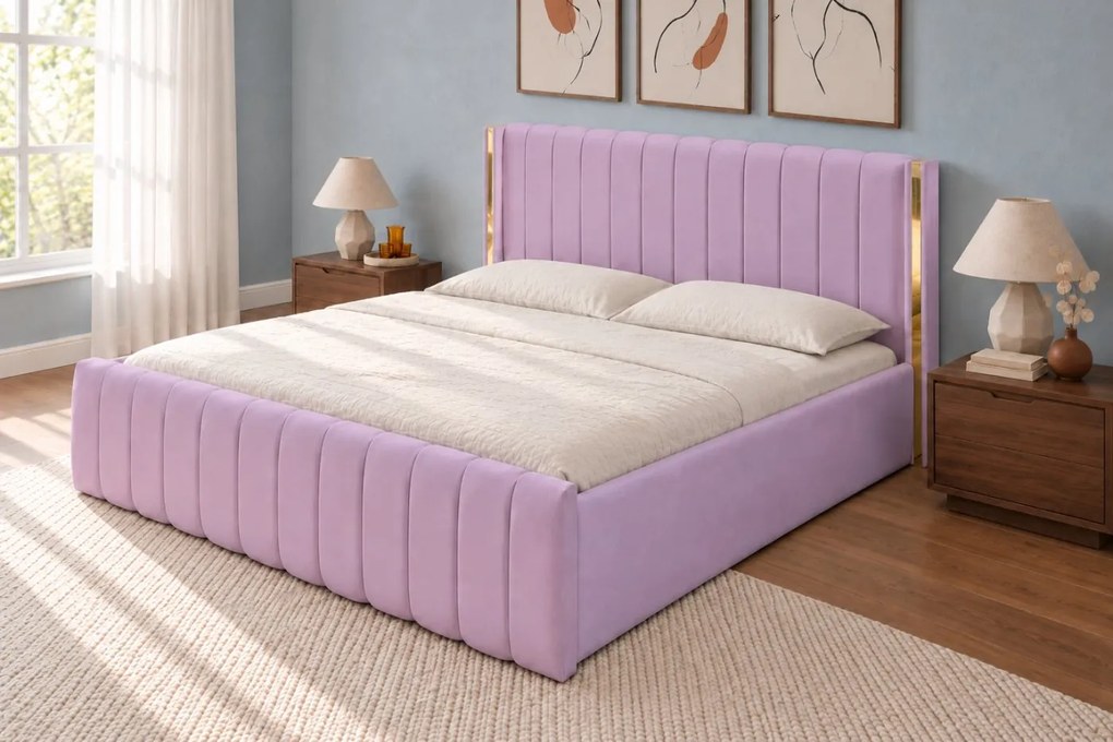 Pat tapițat din catifea Aurelia 120×200 cm, lila, detalii aurii, cu ladă de depozitare