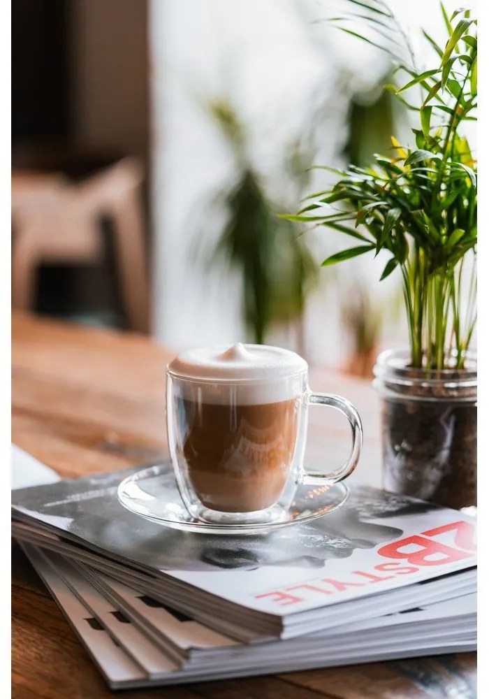 Set 2 pahare din sticlă cu perete dublu și farfurioară Vialli Design, 250 ml