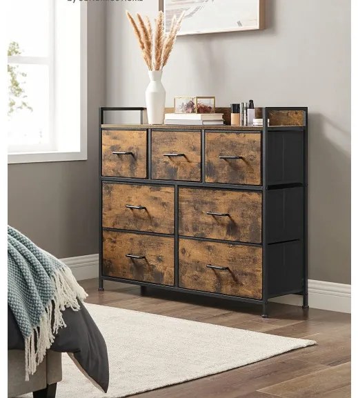 Comoda Cu 7 Sertare, Maro Rustic Și Negru, 98 Cm