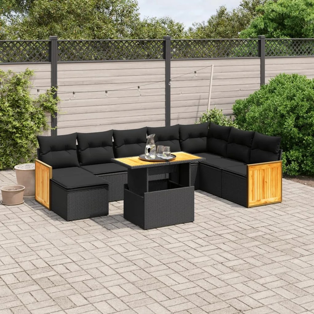 vidaXL Set mobilier de grădină cu perne, 9 piese, negru, poliratan