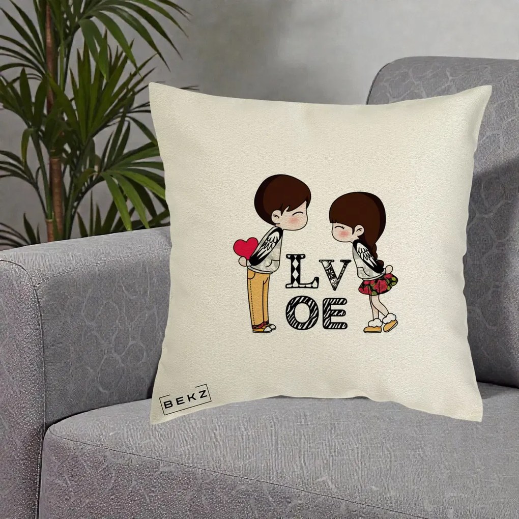 Cadou Romantic - Perna Personalizata Cuplu Kawaii LOVE, 40x40 cm, Ecru, Husa Detasabila, Perna Inclusa, BEKZ®
