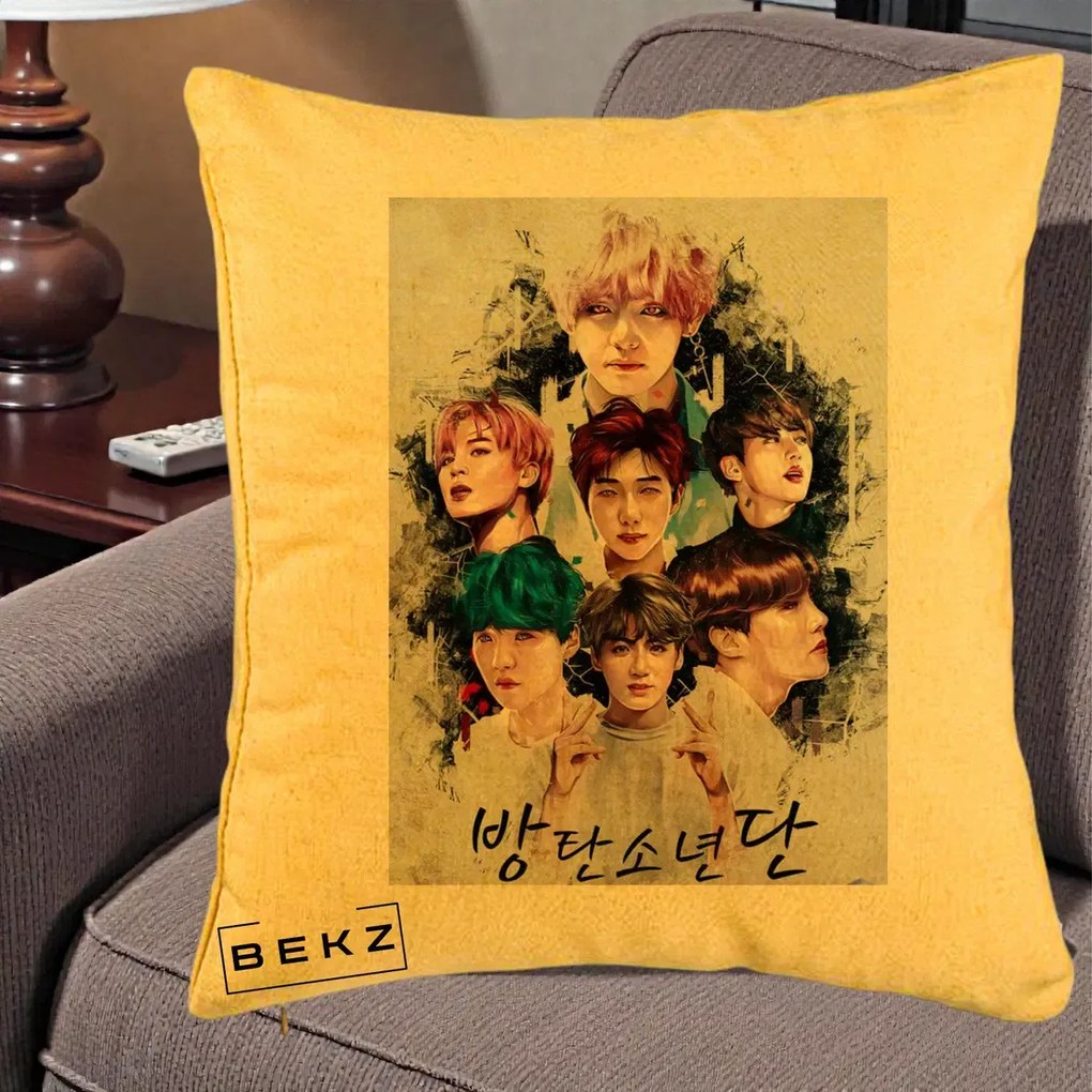 Perna Personalizata K-pop BTS Bangtan Boys Poster Artistic Negru Alb, 40x40 cm, Galben, Husa Detasabila, Perna Inclusa, BEKZ®