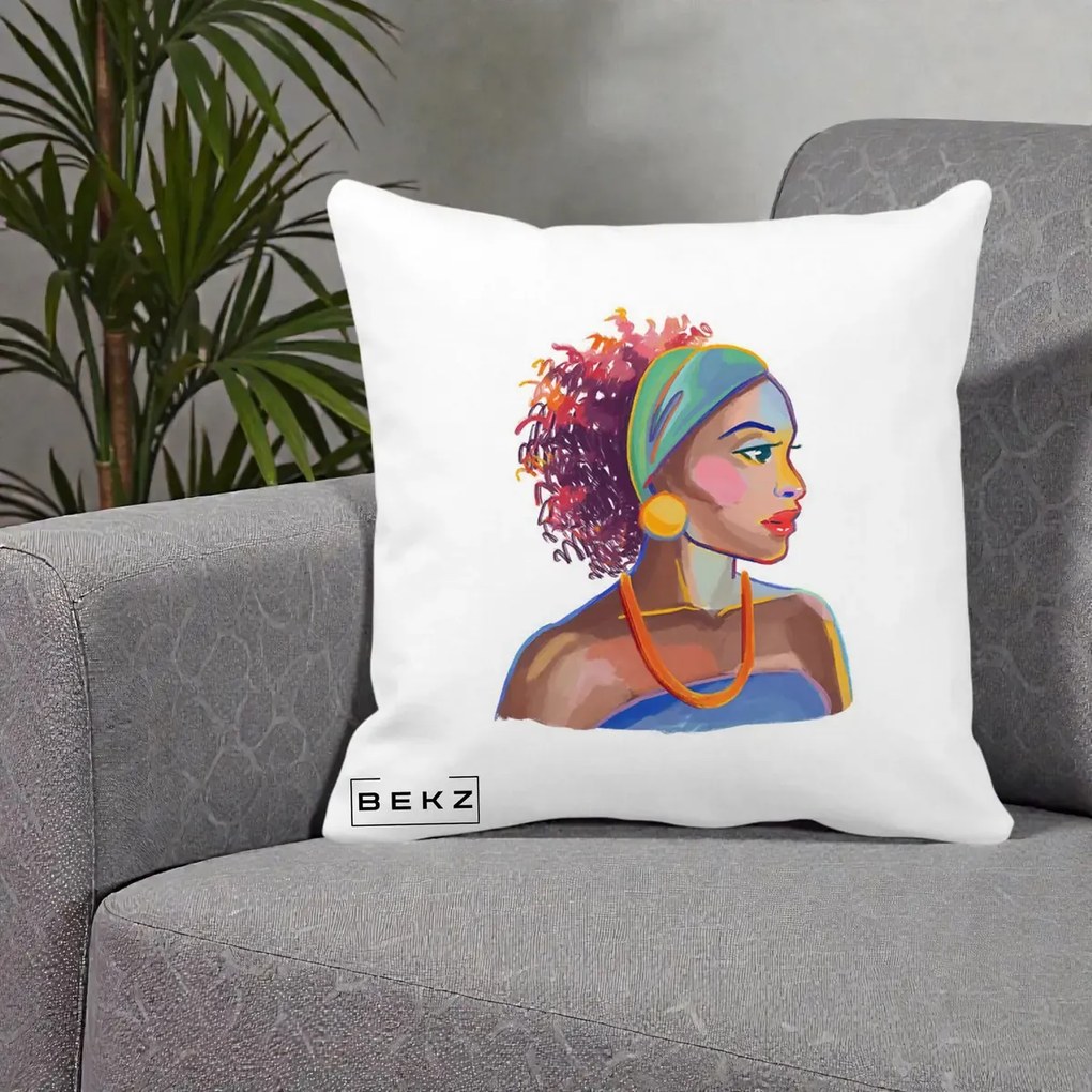 Perna Decorativa Portret Femeie Urbana Acuarela, 40x40 cm, Alba Mata, Husa Detasabila, Perna Inclusa, BEKZ®