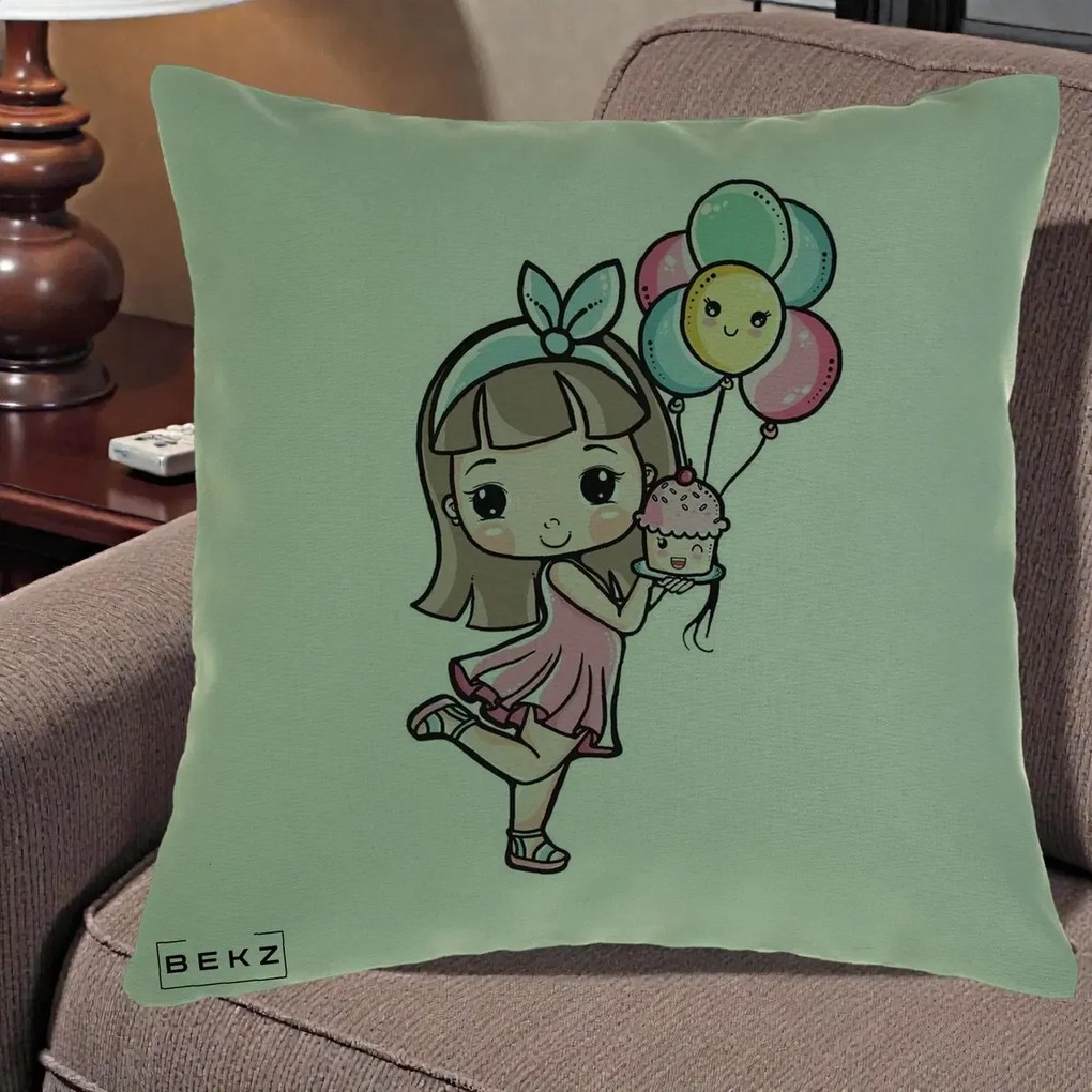 Perna Decorativa Fetita Kawaii cu Baloane si Cupcake, 40x40 cm, Verde, Husa Detasabila, Perna Inclusa, BEKZ®