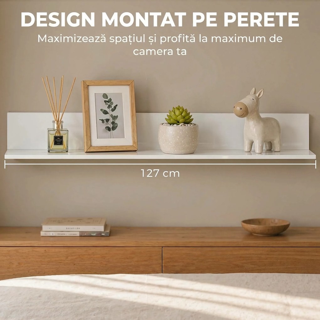 HOMCOM Etajeră de Perete pentru Living și Dormitor, Grosime 1,5 cm, Raft Suspendat din Lemn, 127x12x18 cm, Alb Lucios | Aosom Romania
