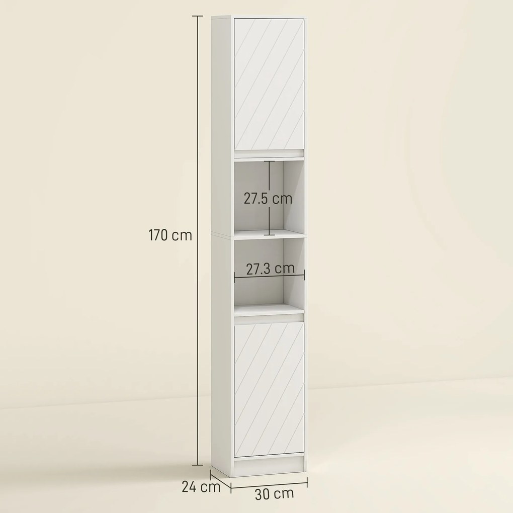 HOMCOM Dulap de baie tip coloană, compact, din lemn, cu 2 dulapuri și rafturi, 30x24x170 cm, alb | Aosom Romania