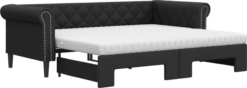 vidaXL Pat de zi cu extensie și saltele negru 90x200cm piele ecologică