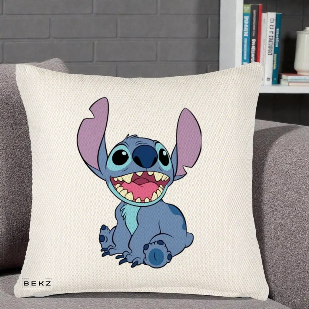 Perna Personalizata Stitch Zambitor, 40x40 cm, Crem Reliefat, Husa Detasabila, Perna Inclusa, BEKZ®