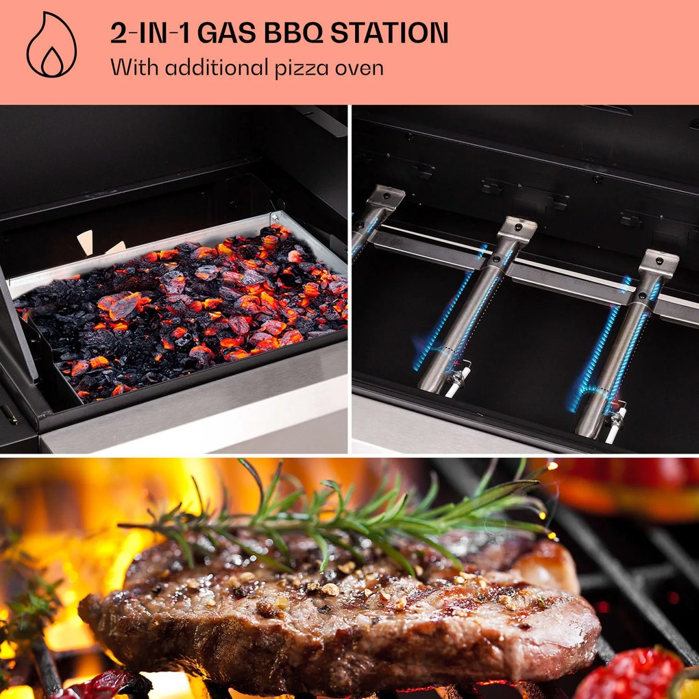 Kingsville 4.1, grătar combinat pe gaz și cărbuni, 13,7 kW, 4+1 arzătoare, înălțime reglabilă