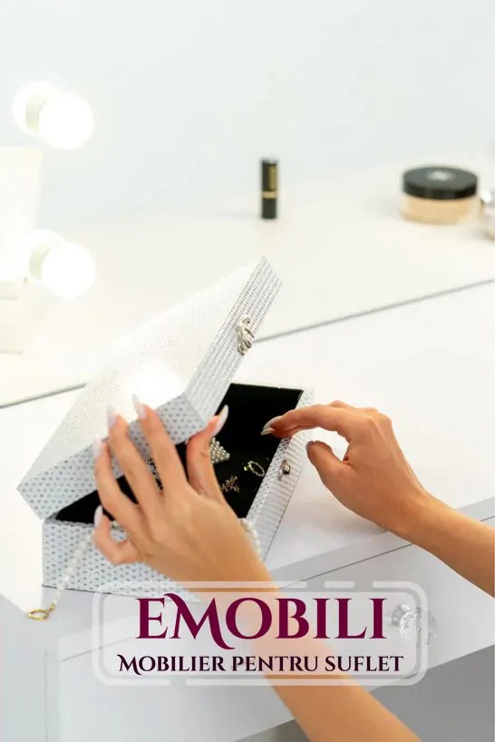 Masuta machiaj cu Oglinda LED si 7 Sertare pentru Cosmetice, Set Masa toaleta 120 cm, Alb, masuta cosmetica, vanity - SEA516C