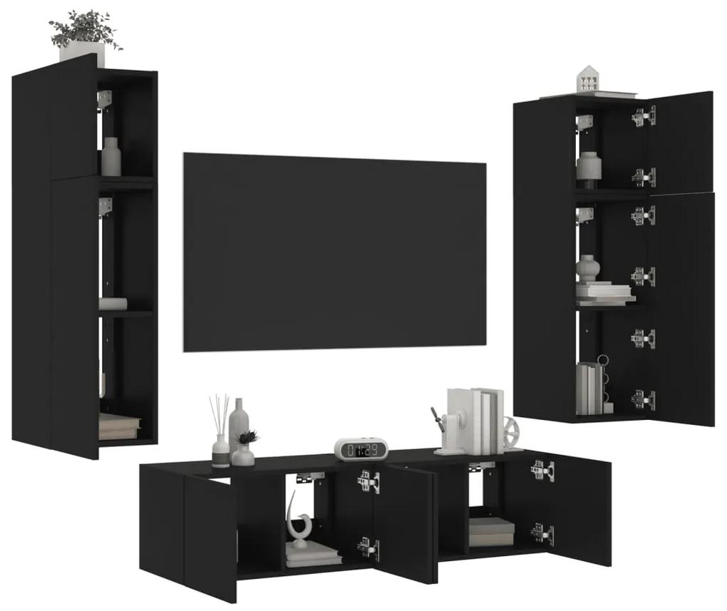3216833 vidaXL Unități de perete TV cu LED-uri, 6 piese, negru, lemn prelucrat
