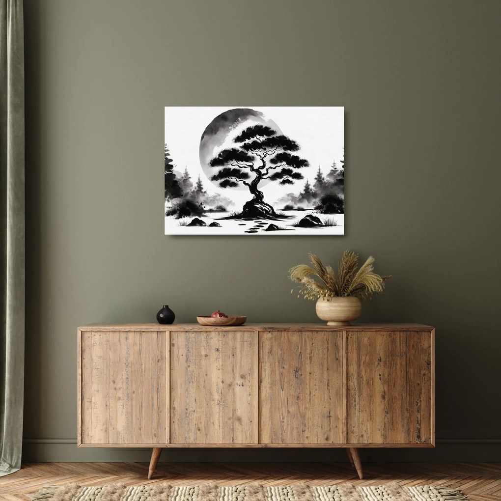 Tablou pe sticlă – Bonsai alb-negru (70x50 cm)