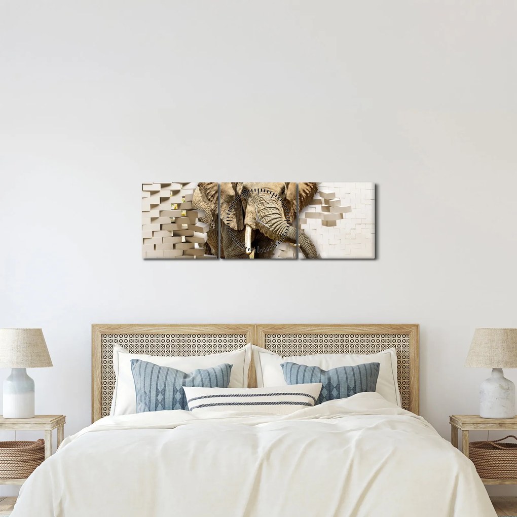 Tablou - Elefant spârgând peretele (cu ceas) (90x30 cm)