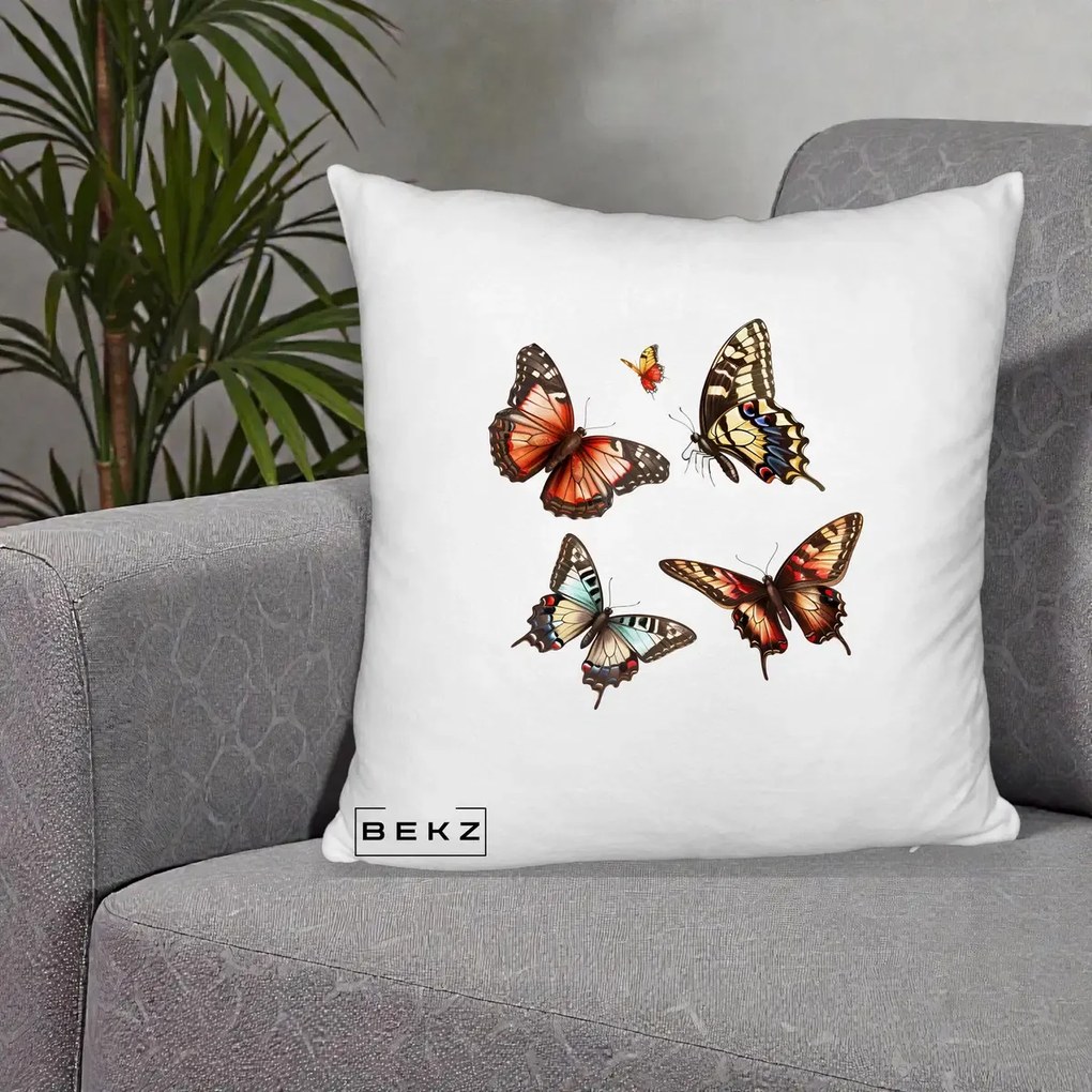 Perna Decorativa Colectie Fluturi Multicolori, 40x40 cm, Alb Pufos, Husa Detasabila, Perna Inclusa, BEKZ®