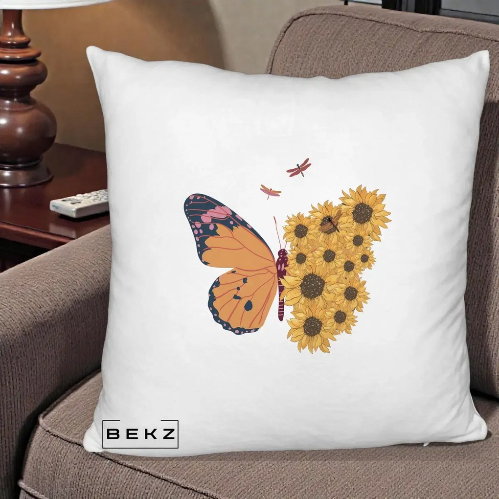 Perna Decorativa Fluture Floarea-Soarelui, 40x40 cm, Alb Pufos, Husa Detasabila, Perna Inclusa, BEKZ®