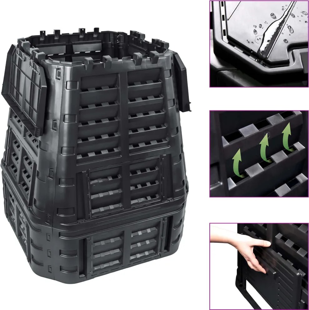 vidaXL Compostor de grădină, negru, 93,3x93,3x113 cm, 740 L