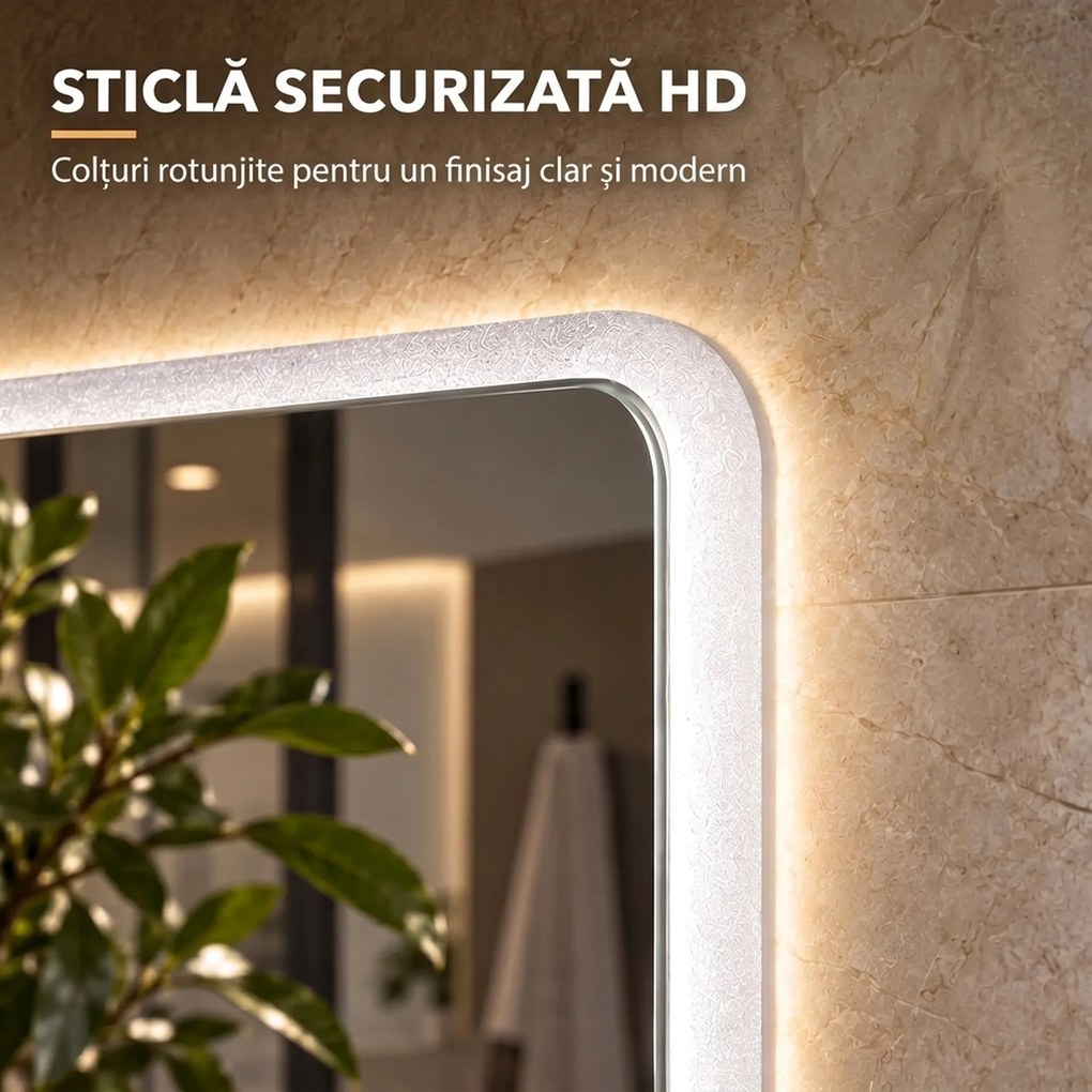HOMCOM Oglindă de Baie cu LED 70x100 cm, 3 Culori de Lumină, Dimabilă, Antiaburire, Touch, Memorie | Aosom Romania