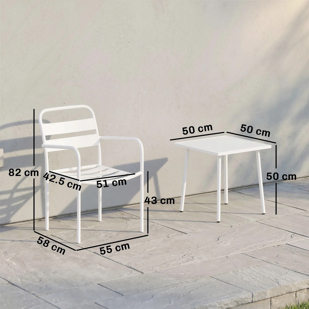 Outsunny Set bistro 3 piese, set mobilier metalic de grădină cu 2 scaune, masă din sticlă, design cu lamele, rezistent la rugină | Aosom Romania