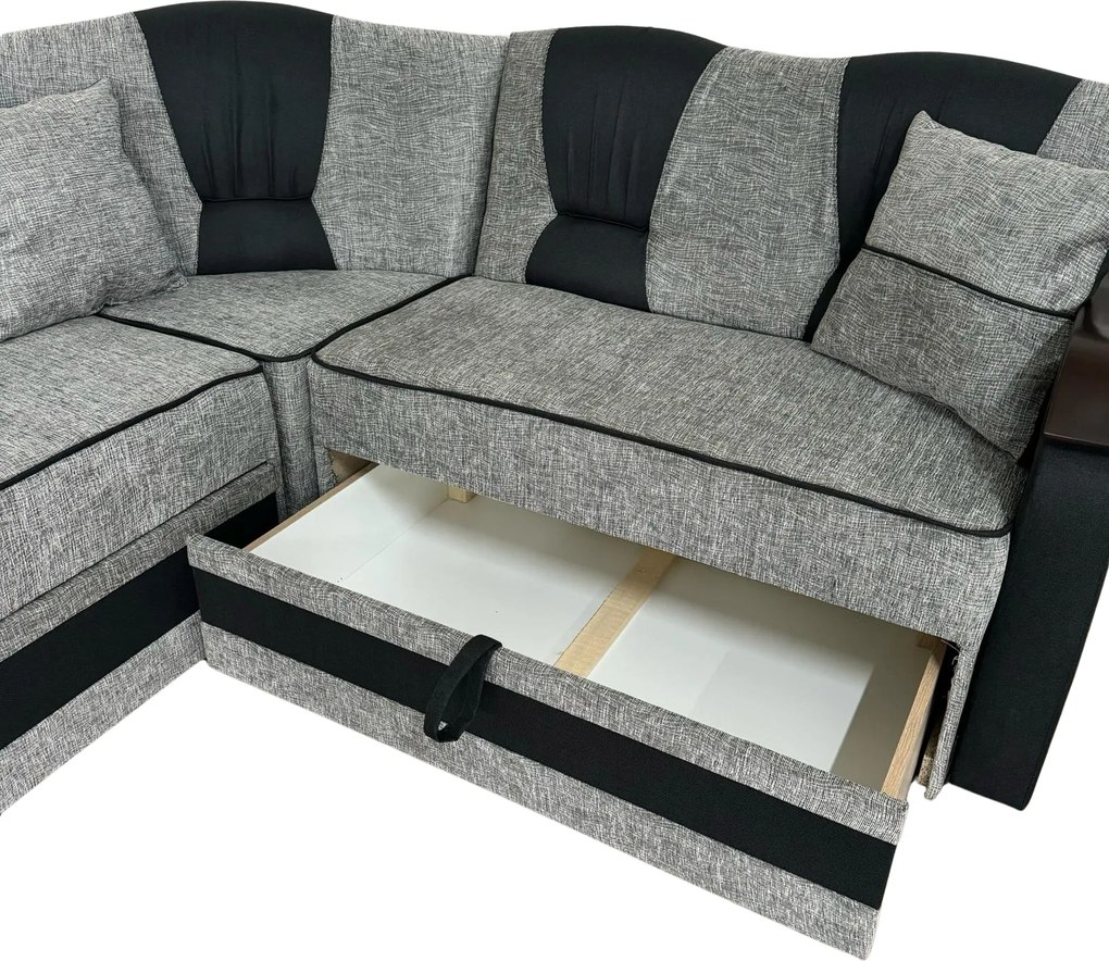 Coltar VALAHIA extensibil, lada de depozitare, stofa gri inchis cu gri deschis, 270x220x90 Gri + Negru