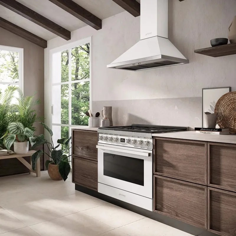 Hota decorativa SMEG Portofino KPF9WH, 275 W, A+, 781 m³/h, 3 viteze, 3 filtre, Supapa anti-retur, Otel inoxidabil, LED, Alb