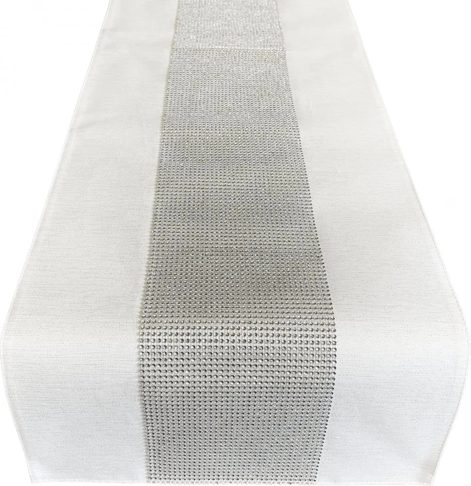 Față de masă albă elegantă decorată cu zirconiu cubic Lățime: 40 cm | Lungime: 140 cm