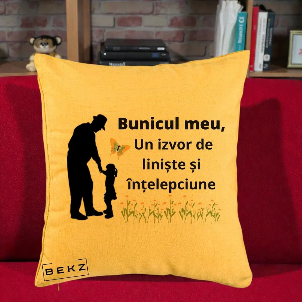 Cadou pentru Bunic - Perna Personalizata Bunicul Meu Izvor de Liniste cu Fluture si Fetita, 40x40 cm, Galben, Husa Detasabila, Perna Inclusa, BEKZ®