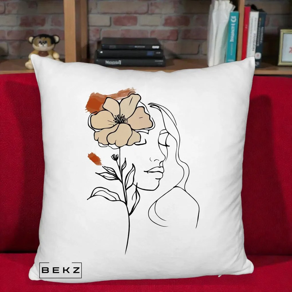 Perna Decorativa Portret Feminin Floare Bej Terracotta, 40x40 cm, Alb Pufos, Husa Detasabila, Perna Inclusa, BEKZ®