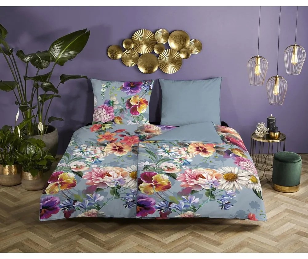 Lenjerie de pat din bumbac organic pentru pat de o persoană Descanso Sunflower, 140 x 220 cm, gri