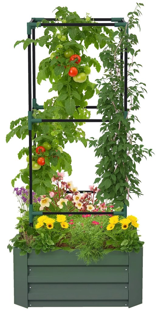 Outsunny Odlingslåda cu Klättergaller, Planteringslåda cu Fund Deschis, Rezistent la Intemperii, 61 cm x 61 cm x 140 cm, Verde | Aosom Romania