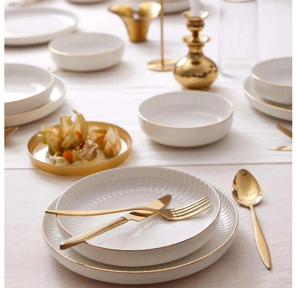 Set de 18 piese din porțelan, alb cu accente aurii